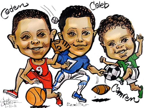 Three boys caricatured as sports stars